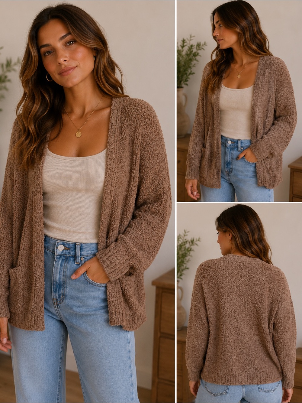 Umgee Brown Popcorn Knit Open Front Cardigan Size Small Oversized Pockets
